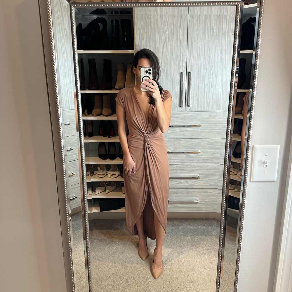 Taupeish brown V neck midi wedding guest dress